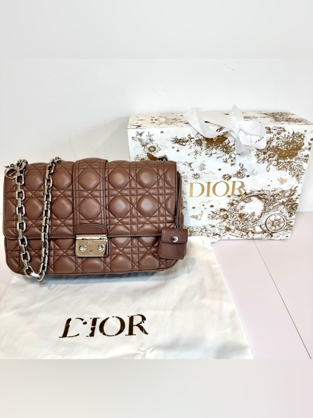 Christian Dior Miss Dior Medium Flap Brown Leather Cannage W Silver Chain Strap